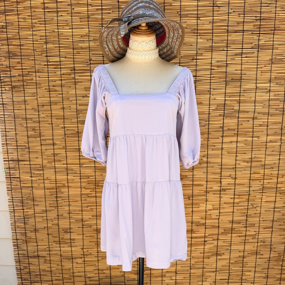 Shinestar Lilac Purple Tiered Babydoll Mini Dress Puff Sleeve Lavender Small
